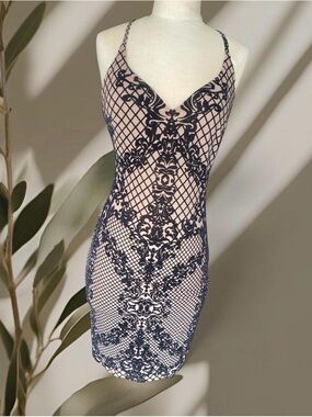 Nude and Black Lace-Overlay Bodycon Dress